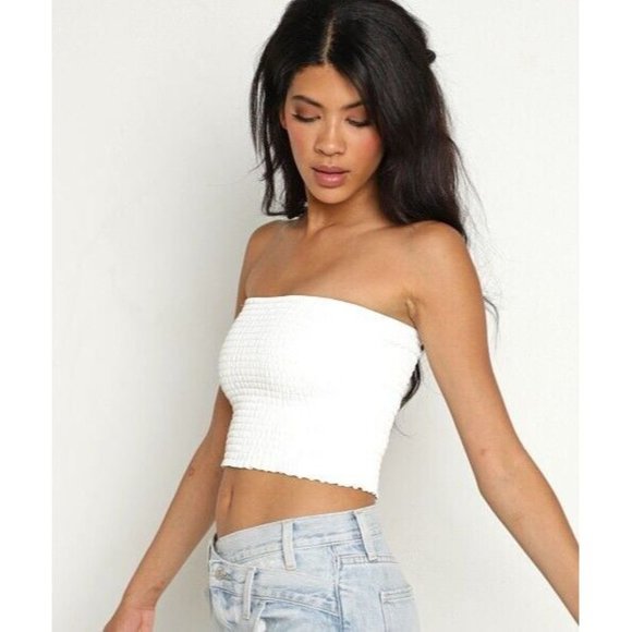 Commando FLT202  Faux Leather Smocked Tube Top White ( M/L ) - Picture 2 of 2